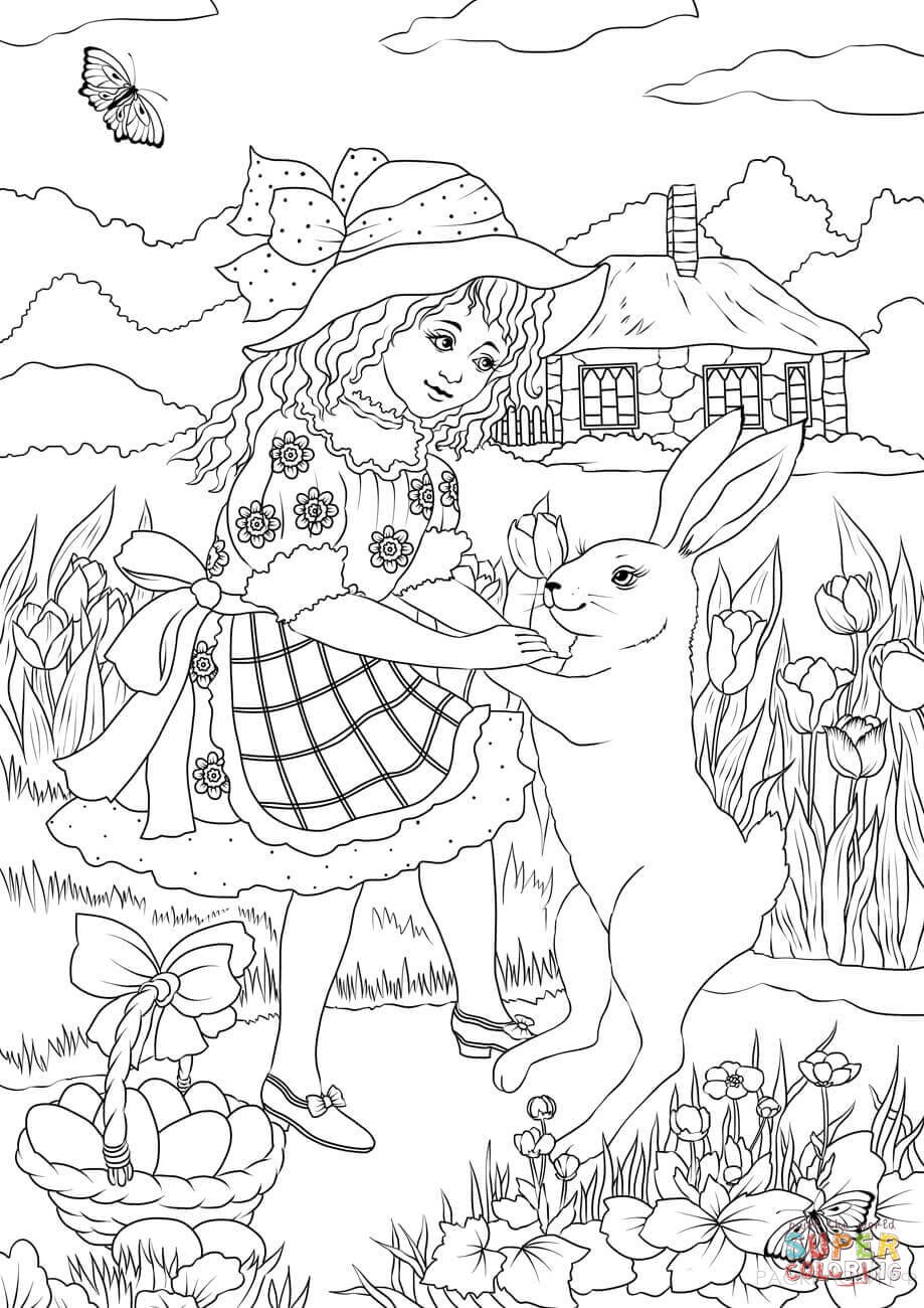 Раскраска Девочка в платье танцует с пасхальным кроликом